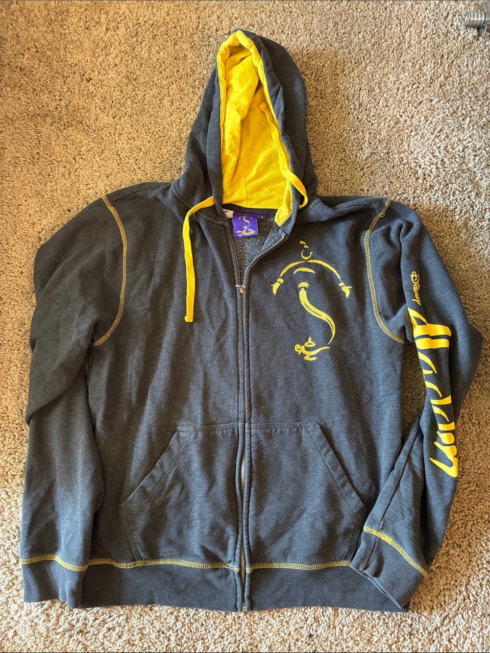 Aladdin Charcoal Gray Zip Hoodie with Bright Yellow Accents